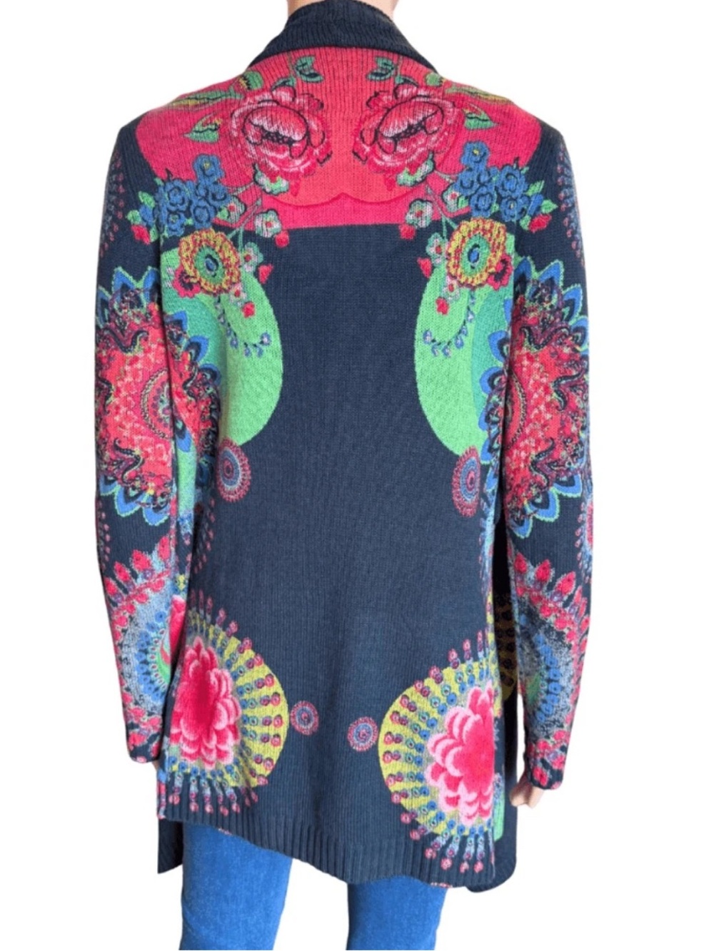 Desigual Navy Open-Front Cardigan with Multicolor Floral Accents